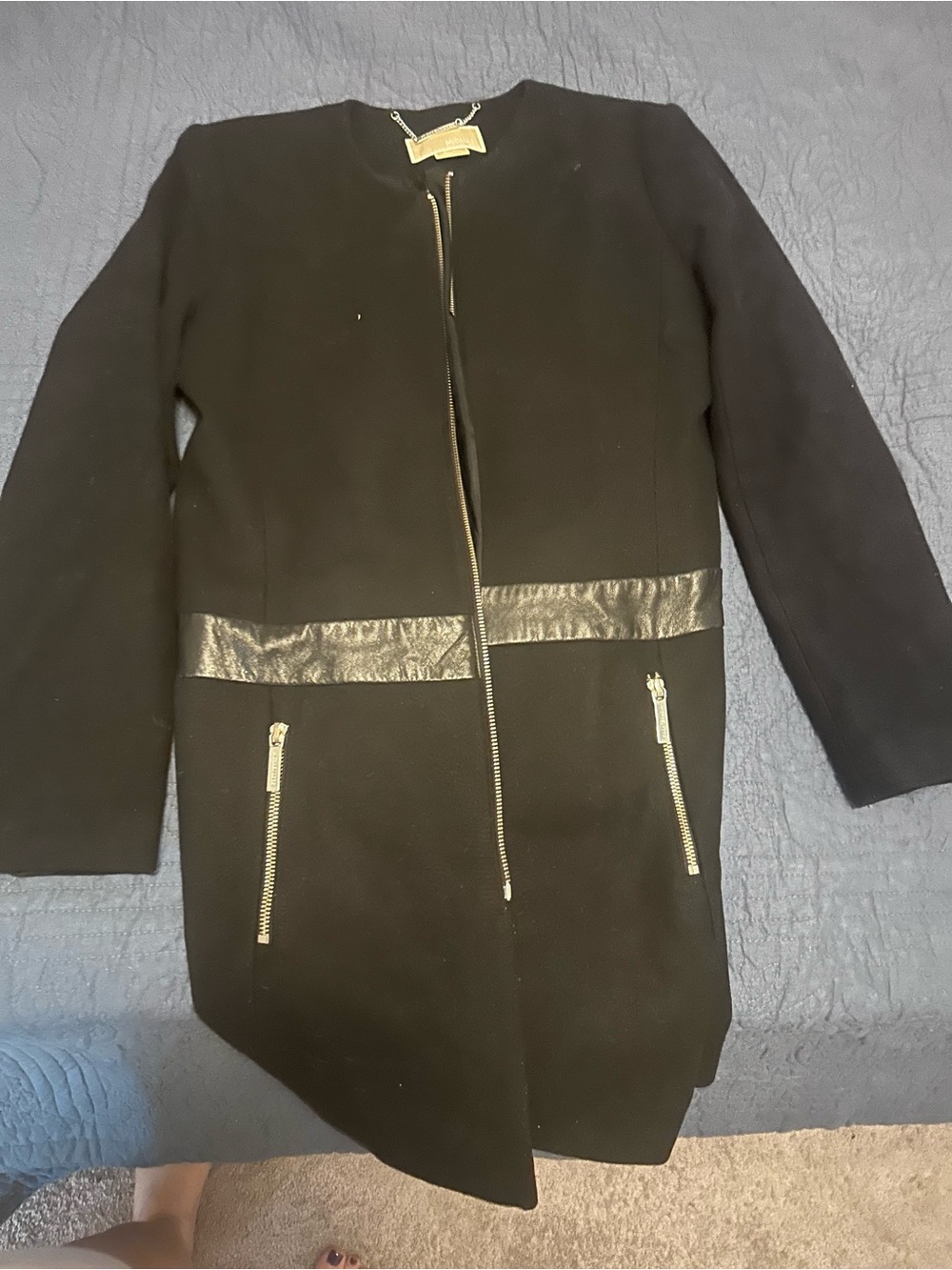 Women’s Black Zip-Front Wool Coat with Leather Trim